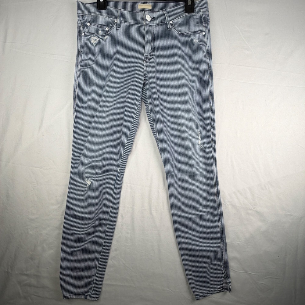 MOTHER Denim Striped Distressed Cropped Jeans Womens Size 26 Blue White